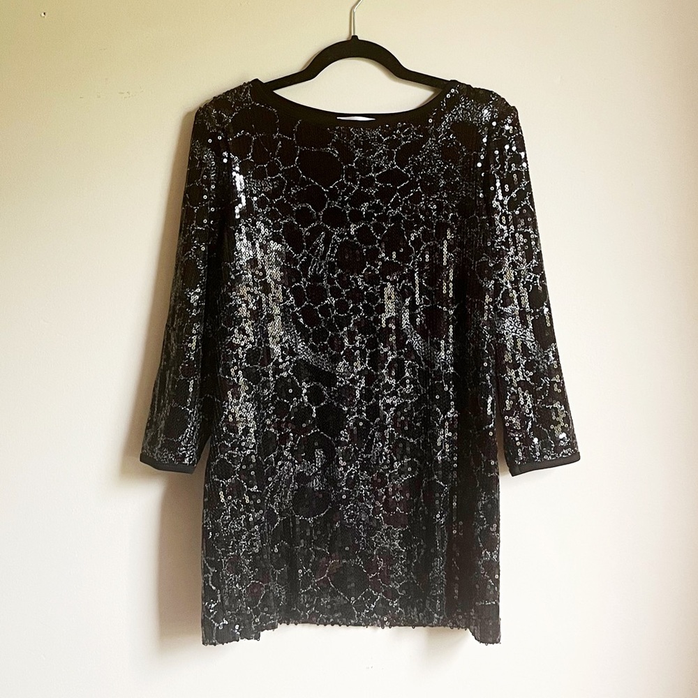 Black and silver floral sequin tunic top